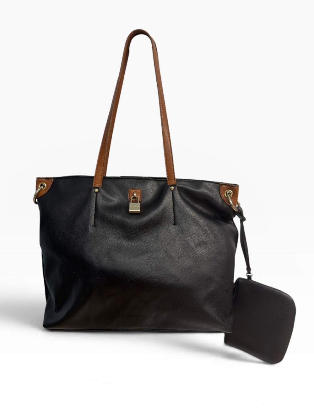Franco Sarto Black Faux Leather Tote Shoulder Bag Matching Zip Pouch Lock Charm
